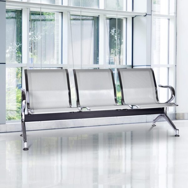 3-link non-padded metal waiting bench with perforated seats and ergonomic armrests, designed for public spaces.