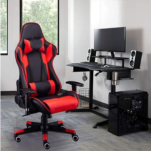 High back gaming chair with PU leather upholstery, ergonomic design, adjustable recline, padded armrests, and lumbar support for enhanced comfort during gaming.