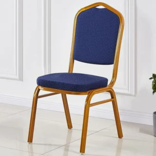 Royal blue conference chair with cushioned seat and backrest, supported by a gold metal frame.