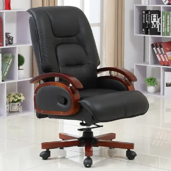 Genuine black leather executive reclining office chair with walnut arms and ergonomic padding.