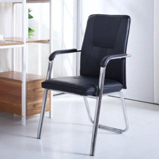 Black PU leather visitor chair with chrome frame and padded armrests for comfortable guest seating in office environments.