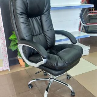 Executive Glide Leather Office Chair with high back, padded armrests, and moveable wheels for comfort and mobility in the office.