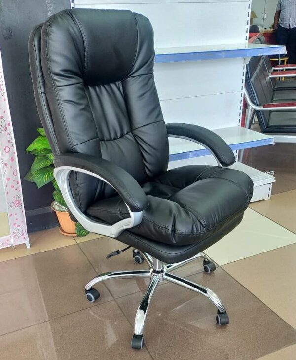 Executive Glide Leather Office Chair with high back, padded armrests, and moveable wheels for comfort and mobility in the office.