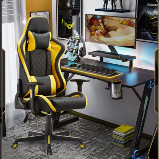 Faux Leather Ergonomic Gaming Chair with padded armrests, lumbar support, and adjustable reclining backrest