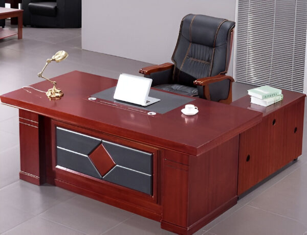 1600mm mahogany office desk with a large work surface, sturdy engineered wood construction, and a modern geometric front panel design.