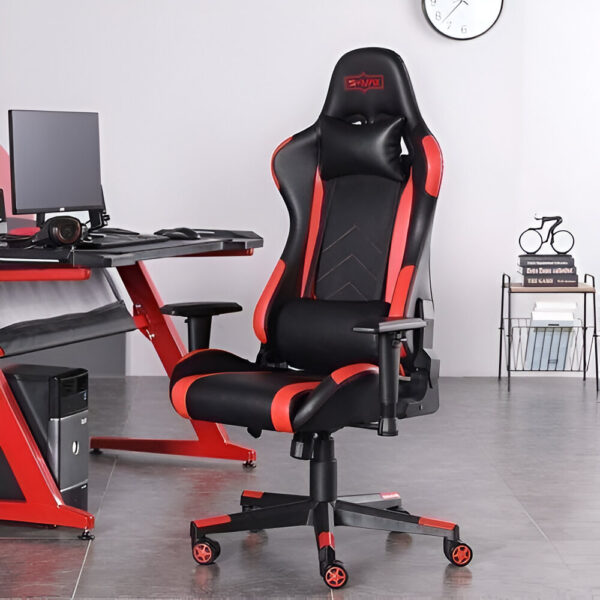 High back gaming chair with PU leather upholstery, ergonomic design, adjustable recline, padded armrests, and lumbar support for enhanced comfort during gaming.