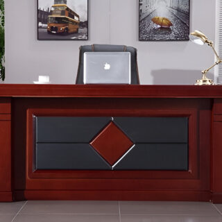 1600mm mahogany office desk with a large work surface, sturdy engineered wood construction, and a modern geometric front panel design.