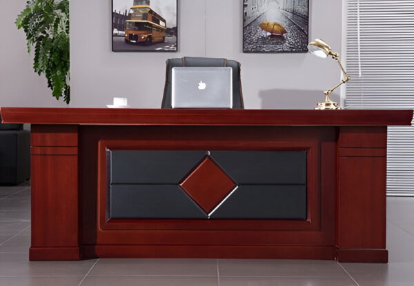 1600mm mahogany office desk with a large work surface, sturdy engineered wood construction, and a modern geometric front panel design.