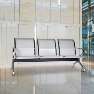 3-link non-padded metal waiting bench with perforated seats and ergonomic armrests, designed for public spaces.