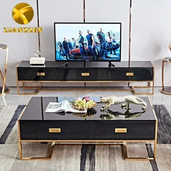 Coffee Table with Drawers and Lacquer Gold Base featuring built-in storage and a sleek modern design, perfect for living rooms or lounge areas.