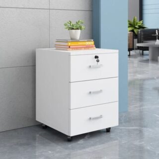 Mobile 3-Drawer Storage Pedestal with lockable top drawer and caster wheels for office use.