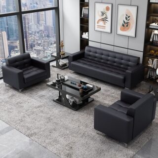 5-seater PU leather sofa with chrome legs in an office showroom