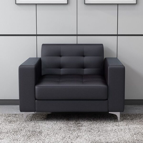 Black faux leather 2-seater sofa for office reception, with chrome legs and cushioned seating.