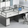 4-Way White Office Workstationwith glass partitions and built-in storage drawers.