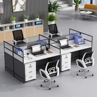 4-Way White Office Workstation with glass partitions and built-in storage drawers.