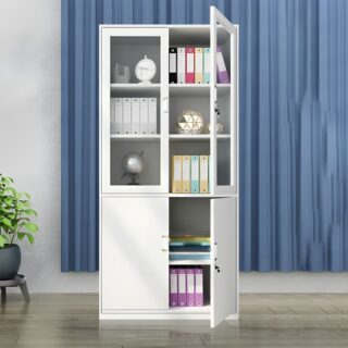 Half glass doors metallic filing cabinet with adjustable shelves and secure lock for office storage.