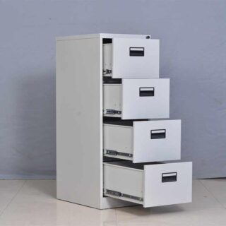 4-drawer office cabinet in white with open drawer and label holders.