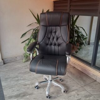 High-Back Leather Office Chair with black leather upholstery and a polished aluminum base.