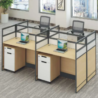 4-way brown office workstation with individual glass partitions and built-in drawer units for efficient workspace organization.