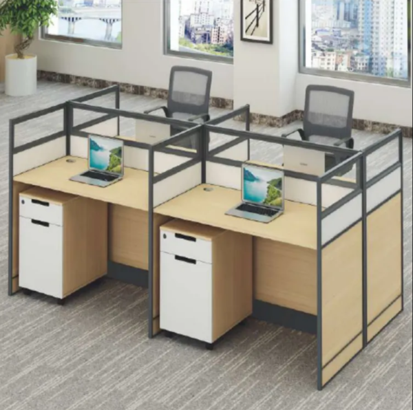 4-way brown office workstation with individual glass partitions and built-in drawer units for efficient workspace organization.