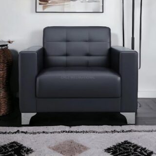 Black faux leather 2-seater sofa for office reception, with chrome legs and cushioned seating.