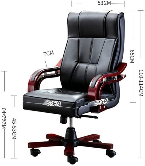 Executive office chair with black leather upholstery, wooden armrests, and a polished wooden base for ergonomic comfort and elegant office seating.