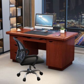 A 1.2-meter executive desk with a rich mahogany finish, featuring multiple drawers, a keyboard tray, and a compartment for office essentials.