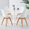 Modern 5-piece dining set with a round pedestal table and four Eames-style chairs, perfect for kitchens, dining rooms, and coffee areas.