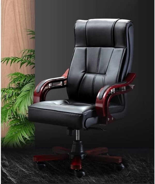 Executive office chair with black leather upholstery, wooden armrests, and a polished wooden base for ergonomic comfort and elegant office seating.