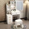 Makeup Desk Vanity Table with large mirror, multiple drawers, open shelves, and LED lighting in a modern white finish.