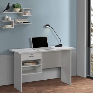 1200mm home office desk with a wooden finish, featuring a lockable drawer and open shelving for storage.