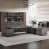Modern L-shaped executive desk with integrated storage, perfect for efficient workspace.