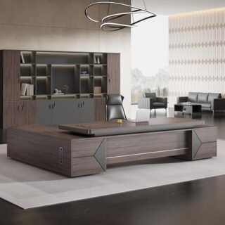 Modern L-shaped executive desk with integrated storage, perfect for efficient workspace.