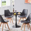 Modern 5-piece dining set with a round pedestal table and four Eames-style chairs, perfect for kitchens, dining rooms, and coffee areas.