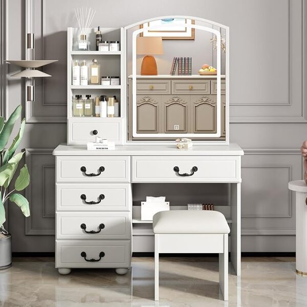 Vanity desk with LED mirror, 6 drawers, and 3 open shelves in a modern white finish, ideal for makeup and storage.
