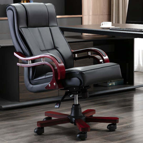 Executive office chair with black leather upholstery, wooden armrests, and a polished wooden base for ergonomic comfort and elegant office seating.