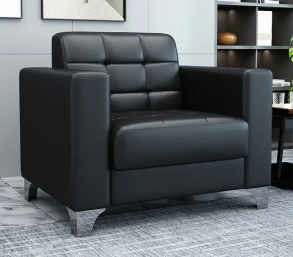 Black faux leather 2-seater sofa for office reception, with chrome legs and cushioned seating.