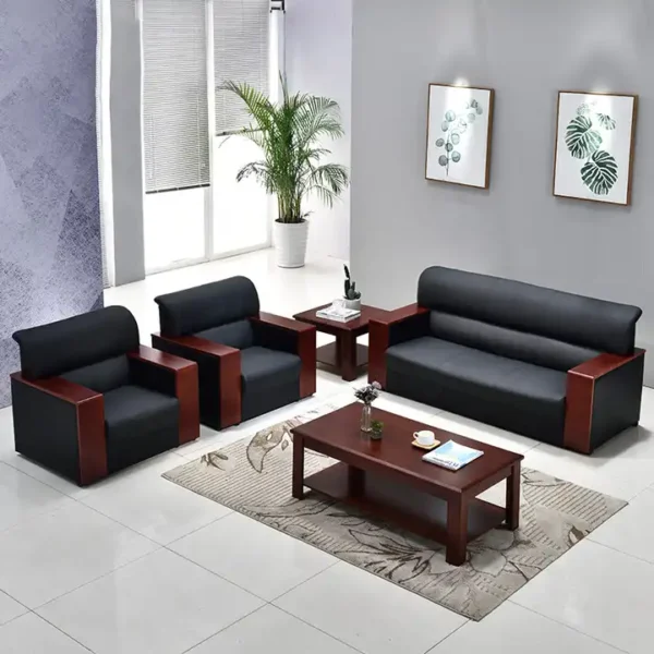 5-Seater Executive Office Sofa with black leatherette upholstery and wooden armrests in a modern office setting