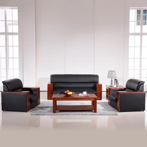 5-Seater Executive Office Sofa with black leatherette upholstery and wooden armrests in a modern office setting