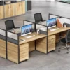 4-way brown office workstation with individual glass partitions and built-in drawer units for efficient workspace organization.