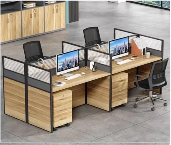 4-way brown office workstation with individual glass partitions and built-in drawer units for efficient workspace organization.