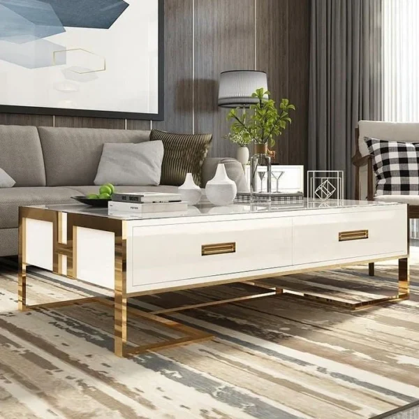 Coffee Table with Drawers and Lacquer Gold Base featuring built-in storage and a sleek modern design, perfect for living rooms or lounge areas.