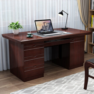 1400mm executive office desk with three drawers, side cabinet, keyboard tray, and polished wooden finish.