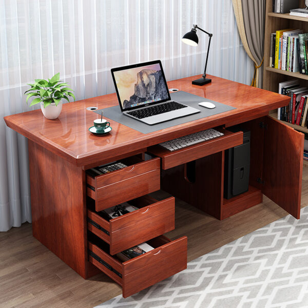 1400mm executive office desk with three drawers, side cabinet, keyboard tray, and polished wooden finish.