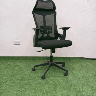 High-back mesh executive chair with adjustable headrest and cushioned seat