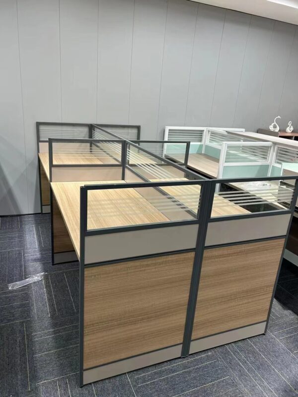 4-way brown office workstation with individual glass partitions and built-in drawer units for efficient workspace organization.