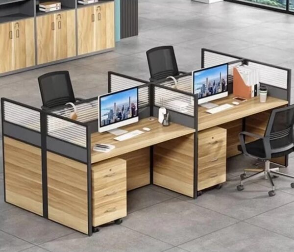 4-way brown office workstation with individual glass partitions and built-in drawer units for efficient workspace organization.