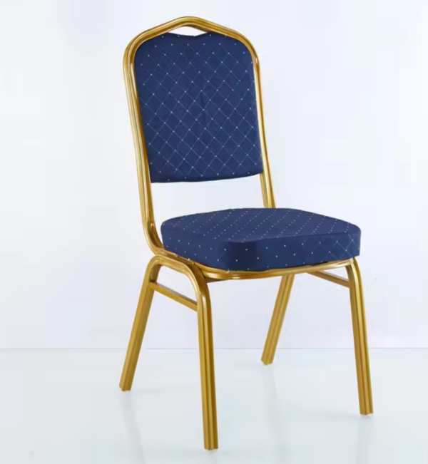 Blue Conference Banquet Seat with gold frame, padded for comfort.