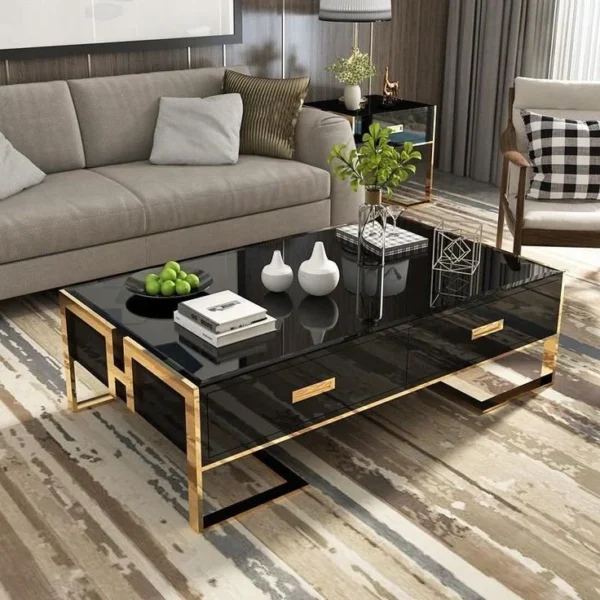 Coffee Table with Drawers and Lacquer Gold Base featuring built-in storage and a sleek modern design, perfect for living rooms or lounge areas.