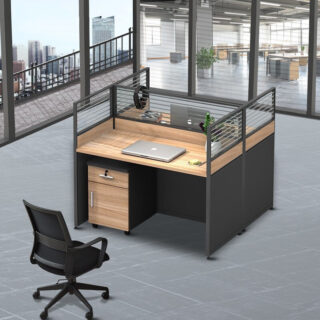 2-Way Office Workstation with dual workspaces, frosted glass partitions, and a stylish side cabinet.